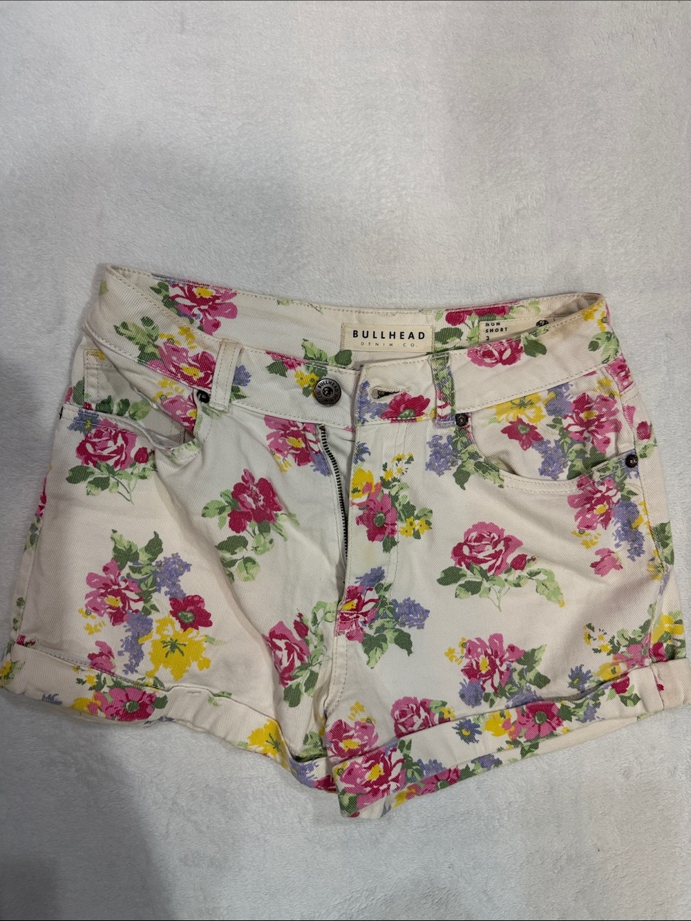 Bullhead Cream Floral Jean Shorts with Pink, Yellow & Purple Blooms